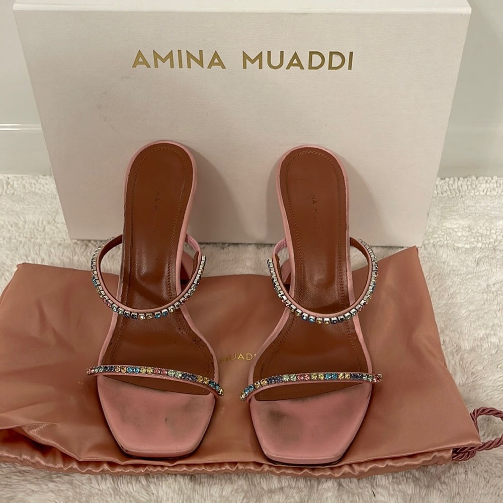 AMINA MUADDI GILDA CRYSTAL SATIN MULES - baby pink size 38.5